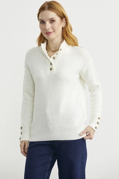 Dik Yaka Düğme Detaylı Yünlü Triko Kazak - Kemik - Resim 5
