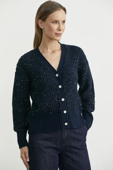 Payet Detaylı Yünlü Triko Hırka - Lacivert - Resim 2