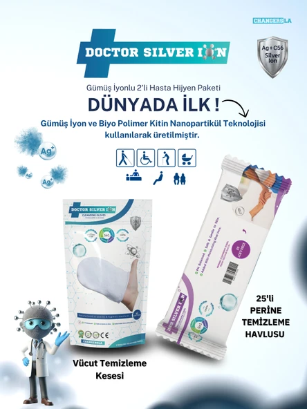 Gümüş İyonlu Hasta Hijyen Seti , 10’lu Vücut Temizleme Kesesi (1 PAKET) + 25’li Perine Islak Mendil ürün görseli