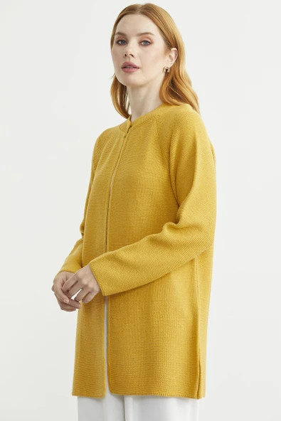 Sıfır Yaka Yünlü Uzun Triko Hırka - Güneş - Resim 3