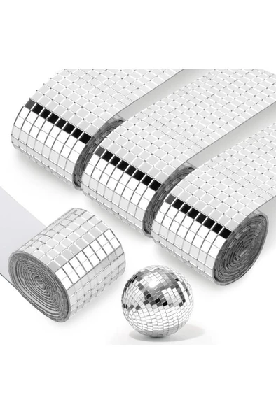 Disko Topu Yapma 4 Rulo Gümüş Aynalı Mozaik Taşlı Dekor Bant Kare Cam Ayna Taş Parti Takı Bandı - Resim 2