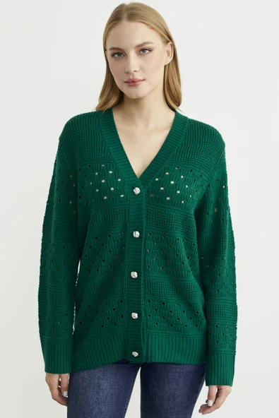 Delik Motifli Yünlü Triko Hırka - Yeşil ürün görseli