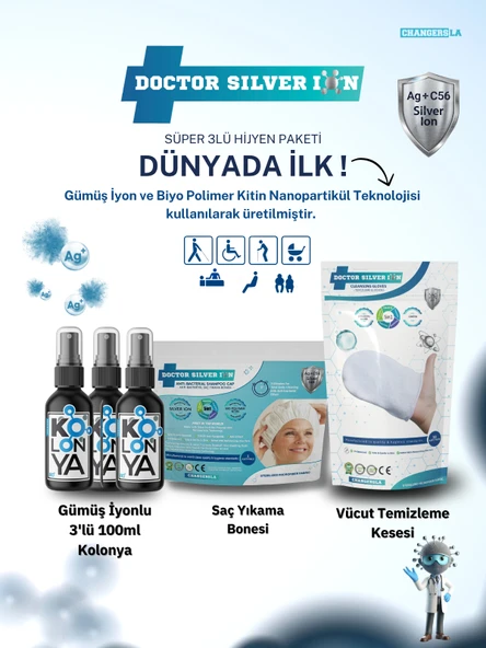 Gümüş İyonlu 3'lü 100ml Kolonya, Vücut Temizleme Kesesi ve Saç Yıkama Bonesi Temizlik Seti ürün görseli