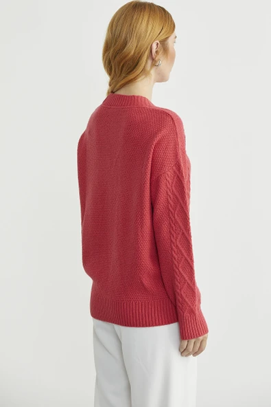 Oversize Düğmeli Triko Hırka - Gül - Resim 6