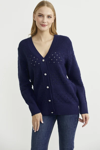 Delik Motifli Yünlü Triko Hırka - Lacivert - 3