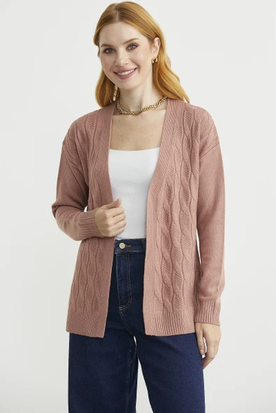 Saç Örgülü Rahat Kalıp Triko Hırka - Gül ürün görseli