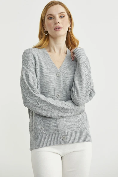 Oversize Düğmeli Triko Hırka - Açık Gri - Resim 3