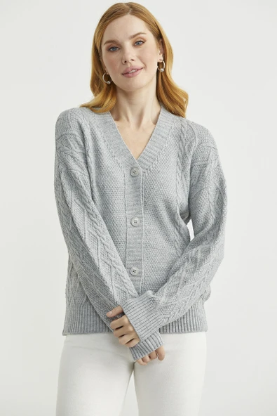 Oversize Düğmeli Triko Hırka - Açık Gri - Resim 5