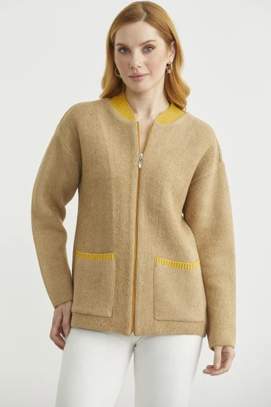 Fermuarlı Cep Detaylı Yünlü Triko Ceket - Bej ürün görseli 1