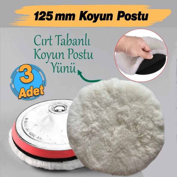 ( 3 Adet ) Koyun Postu Pedi Ø 125 mm Pasta Cila Polisaj Süngeri Cırt Tabanlı Kuzu Postu Yünü Keçesi Parlatma - Resim 2