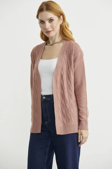 Saç Örgülü Rahat Kalıp Triko Hırka - Gül - Resim 5