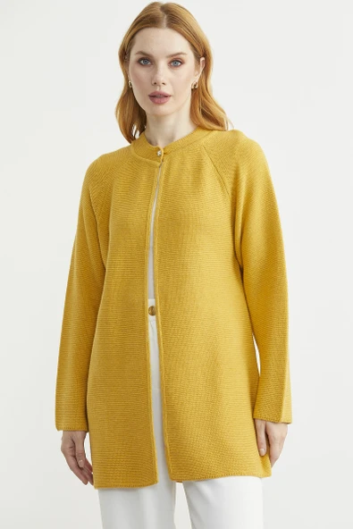 Sıfır Yaka Yünlü Uzun Triko Hırka - Güneş ürün görseli