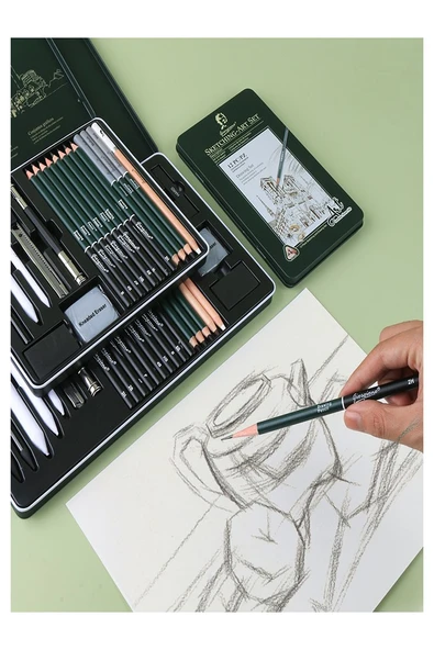 Karakalem Seti 10 Parça 1 Paket Teneke Metal Kutu Eskiz Çizim Seti Kara Kalem - 4