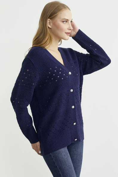 Delik Motifli Yünlü Triko Hırka - Lacivert - 4