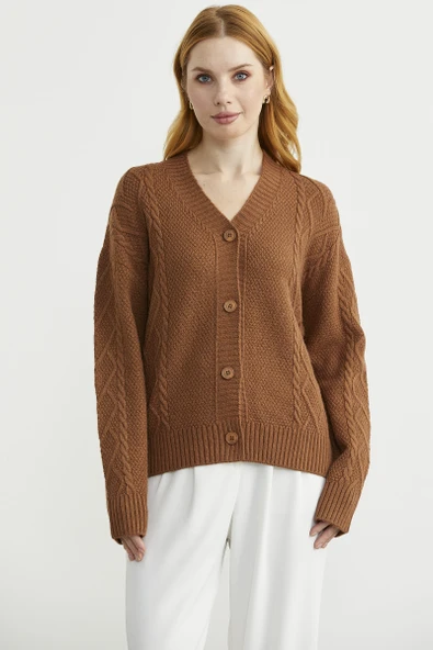 Oversize Düğmeli Triko Hırka - Taba ürün görseli