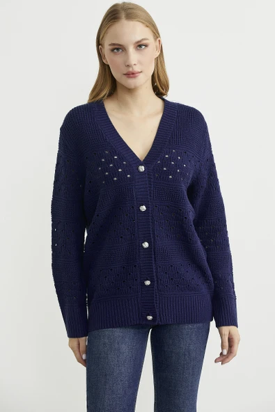 Delik Motifli Yünlü Triko Hırka - Lacivert