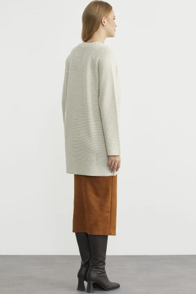 Sıfır Yaka Yünlü Uzun Triko Hırka - Taş - Resim 6