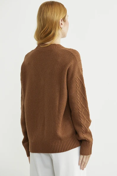 Oversize Düğmeli Triko Hırka - Taba - Resim 5