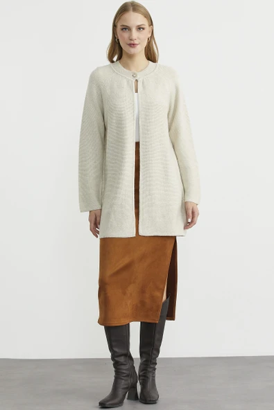 Sıfır Yaka Yünlü Uzun Triko Hırka - Taş - Resim 2