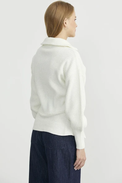 Dik Yaka Fermuarlı Bel Detaylı Triko Hırka - Kemik - 6