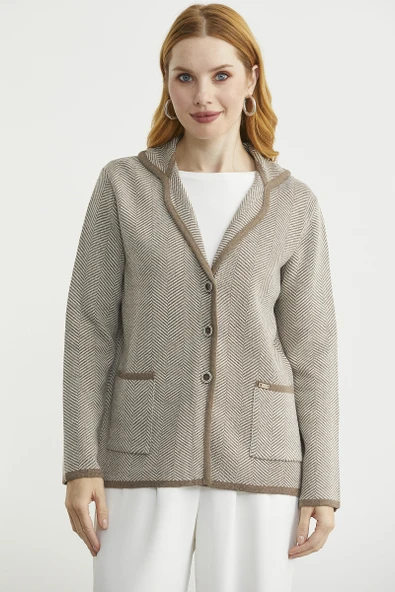 Kazayağı Şal Yaka Yünlü Triko Ceket - Sütlü Kahve ürün görseli 1