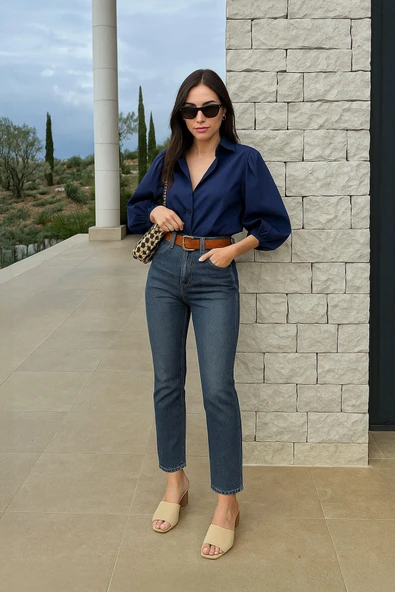 Kadın Yüksek Bel Slim Fit Likralı Mavi Jean Pantolon ürün görseli