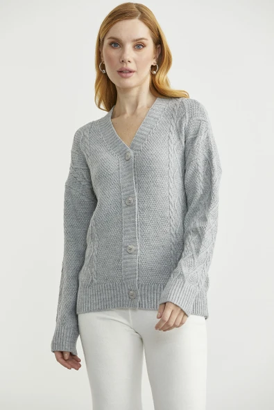 Oversize Düğmeli Triko Hırka - Açık Gri ürün görseli