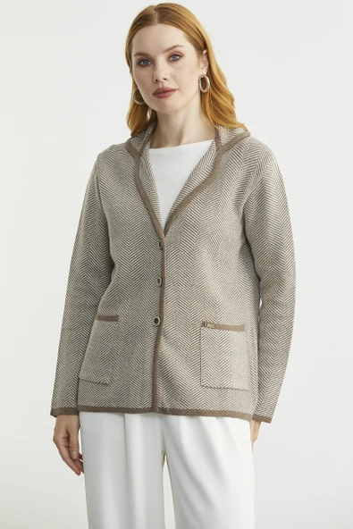 Kazayağı Şal Yaka Yünlü Triko Ceket - Sütlü Kahve - Resim 2