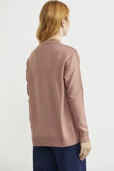 Saç Örgülü Rahat Kalıp Triko Hırka - Gül - Resim 6