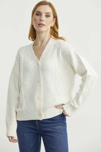 Oversize Düğmeli Triko Hırka - Kemik - Resim 4