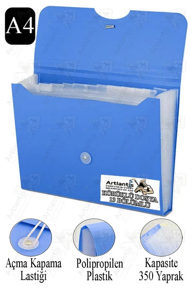 Körüklü Dosya 13 Bölmeli 1 Adet A4 Akardiyon Dosya Düzenleyici 13 Cepli Lastikli Dosya Belge Düzenleyici Klasör - 2