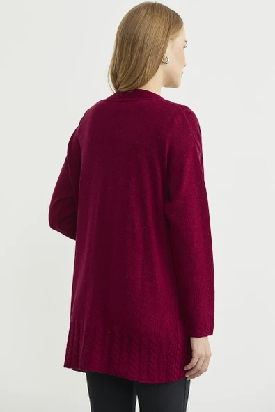 Büyük Beden Cepli Uzun Triko Hırka - Bordo - Resim 4