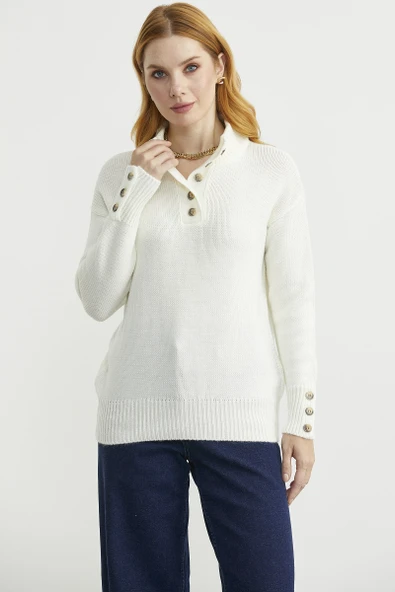 Dik Yaka Düğme Detaylı Yünlü Triko Kazak - Kemik - Resim 4