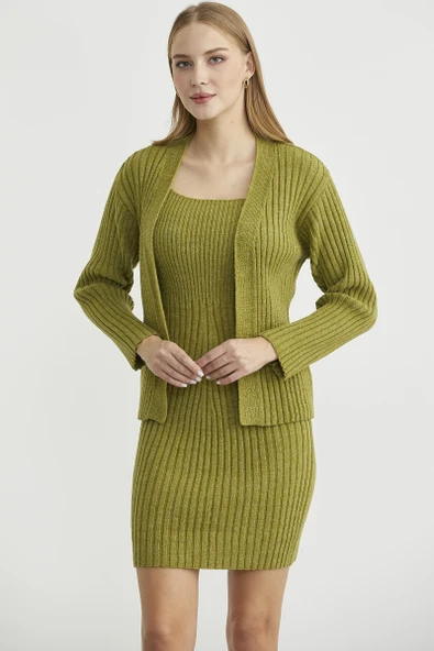 İkili Elbise Hırka Triko Takım - Yeşil - 3