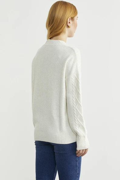 Oversize Düğmeli Triko Hırka - Kemik - Resim 6