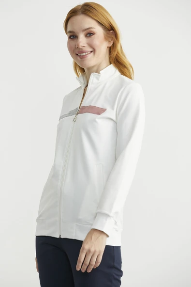 Dik Yaka Fermuarlı Eşofman Takım - Ekru - Resim 3