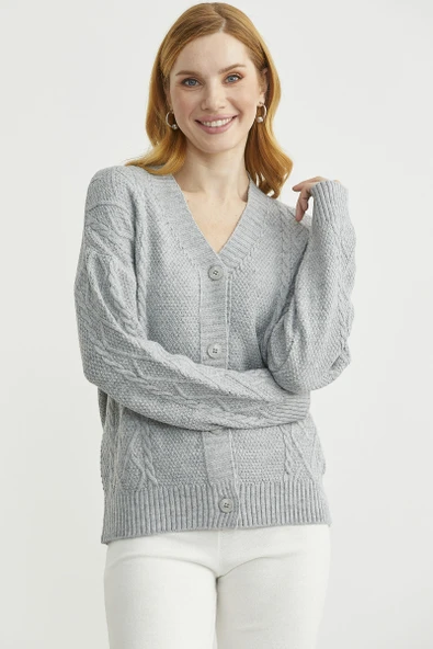 Oversize Düğmeli Triko Hırka - Açık Gri - Resim 4