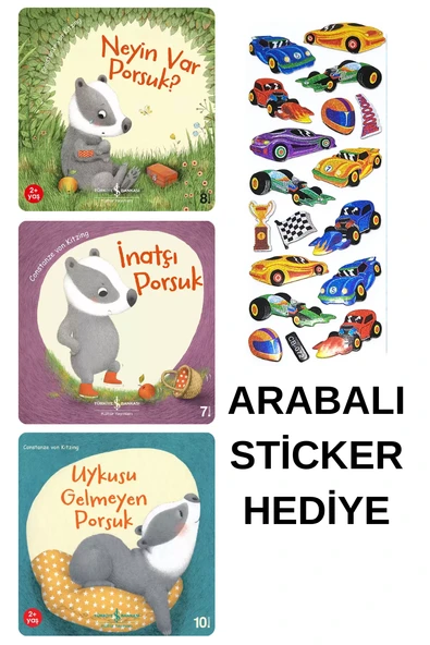 ARABALI STİCKER HEDİYELİ - OKUL ÖNCESİ RESİMLİ KİTAPLAR MASAL - PORSUK SERİSİ 3 KİTAP ürün görseli