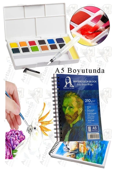 12 Renk Tablet Sulu Boya ve A5 Telli Suluboya Bloğu Kağıdı A5 210gr 20 Yaprak İnce Dokulu Taş Suluboya Plastik Kutulu ürün görseli