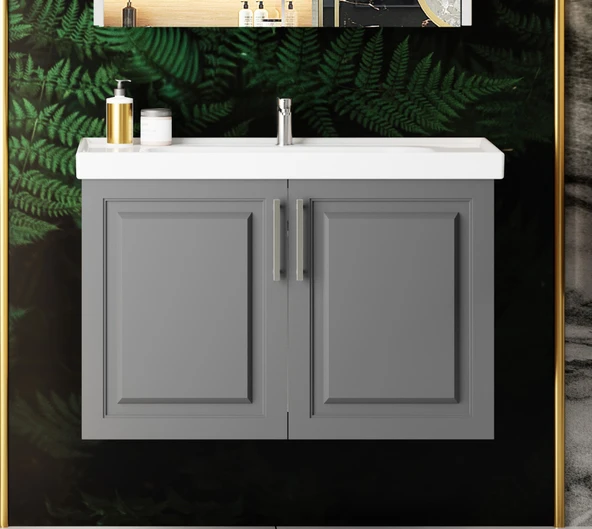 Karen Banyo Arin 80 Cm Banyo Dolabı Antrasit, Alt Modül, Mdf, Lavabo Dahil, Lavabolu - Resim 2