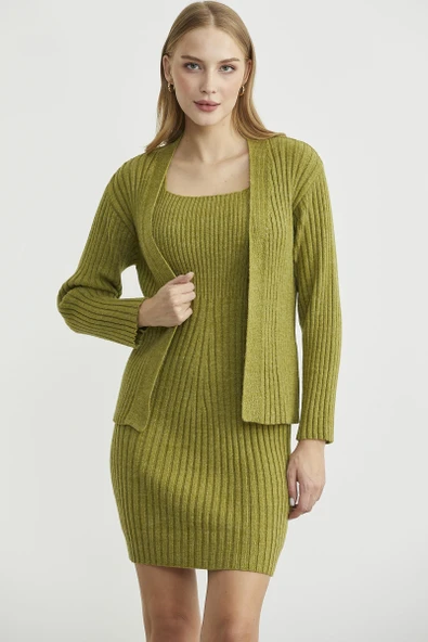 İkili Elbise Hırka Triko Takım - Yeşil - 4