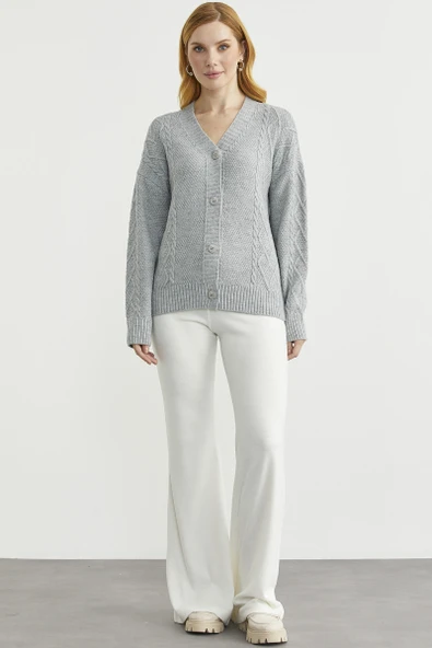 Oversize Düğmeli Triko Hırka - Açık Gri - Resim 2