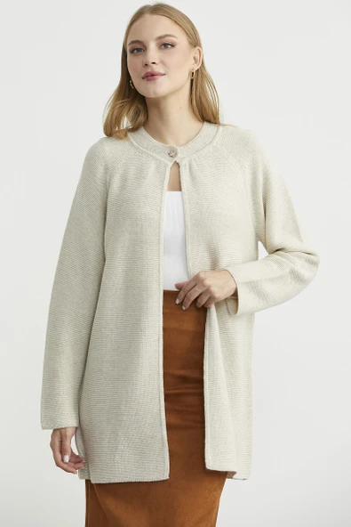 Sıfır Yaka Yünlü Uzun Triko Hırka - Taş - Resim 4