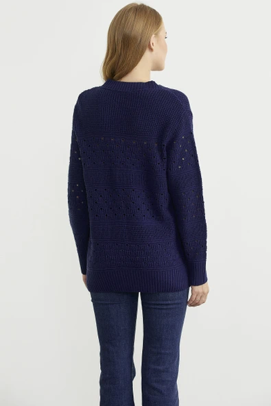 Delik Motifli Yünlü Triko Hırka - Lacivert - 6