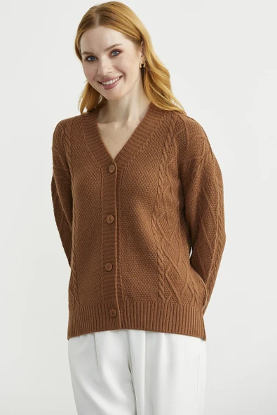 Oversize Düğmeli Triko Hırka - Taba - Resim 3