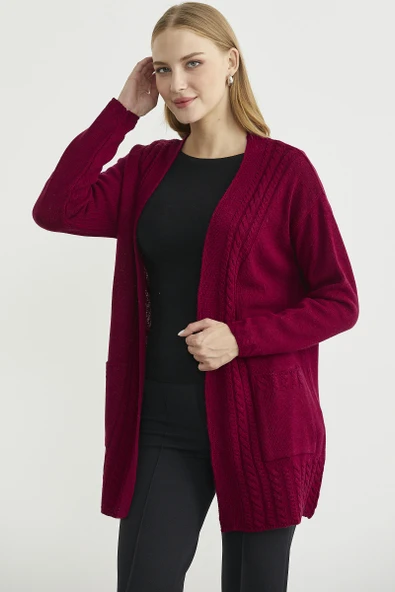 Büyük Beden Cepli Uzun Triko Hırka - Bordo - Resim 3