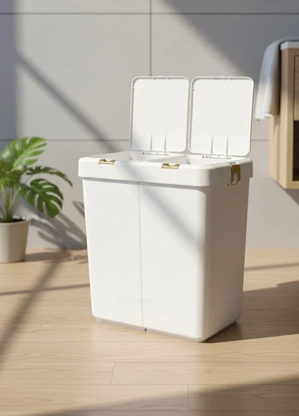 4’lü Katlanabilir Çamaşır Sepeti Seti – 80 Litre Gold/Beyaz Kirli Sepeti, Sele, Su Kovası ve Maşrapa - 3