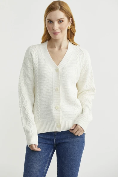 Oversize Düğmeli Triko Hırka - Kemik - Resim 2