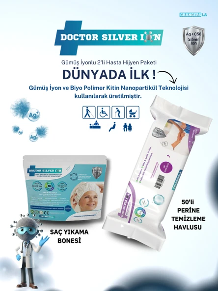 Gümüş İyonlu 2'li Hasta Hijyen 50'li Perine Islak Mendili ve Saç Yıkama Bonesi Temizlik Seti ürün görseli