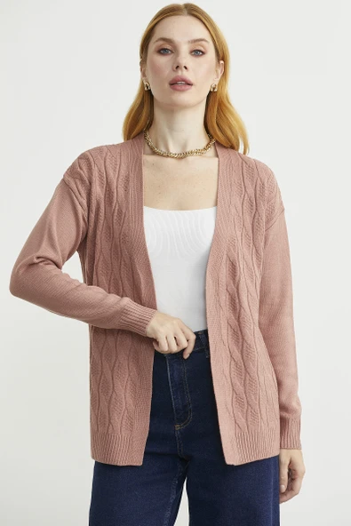 Saç Örgülü Rahat Kalıp Triko Hırka - Gül - Resim 3